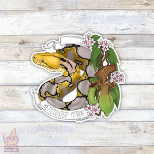 May include: A sticker featuring a yellow and grey reticulated python wrapped around a green pitcher plant with pink flowers. The sticker has the text "Reticulated Python" and "fatty pancake" on a white banner.