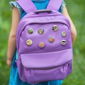 Puede incluir: Una mochila morada con varios botones coloridos adheridos. Los botones presentan imágenes de animales, plantas y texto. El texto en un botón dice "El mundo sería aburrido sin criaturas".