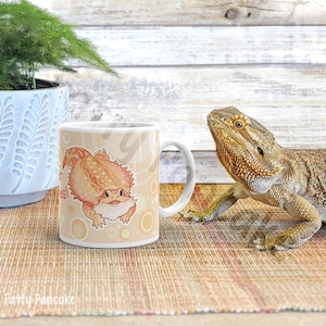 Bearded Dragon Mug, Cute Reptile Ceramic Coffee Tea, Pancake Mug Gift for Beardie Lovers and Owners