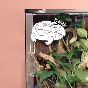 May include: A white vinyl decal of a toad with the name Frankie written in a script font above it, applied to the glass corner of a terrarium containing green plants, wood, and bark, viewed from the front against a solid light pink wall.