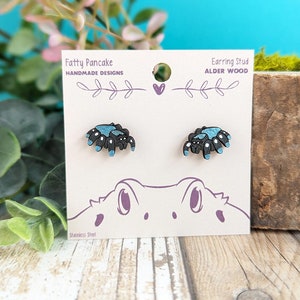 Jumping Spider Wood Post Earring, Cute Tiny Arachnid Gift Jewelry