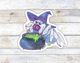 Witchy Jumping Spider Vinyl Sticker, Cute Spood with Caldron, Arachnid Sticker for Spider Lovers and Owners, Cute Class Room Gift