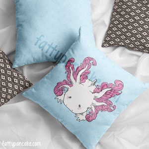 Axolotl Throw Pillow, Cute Amphibian Square Pillow, Home Decor, Think a Lotl Kind Thoughts