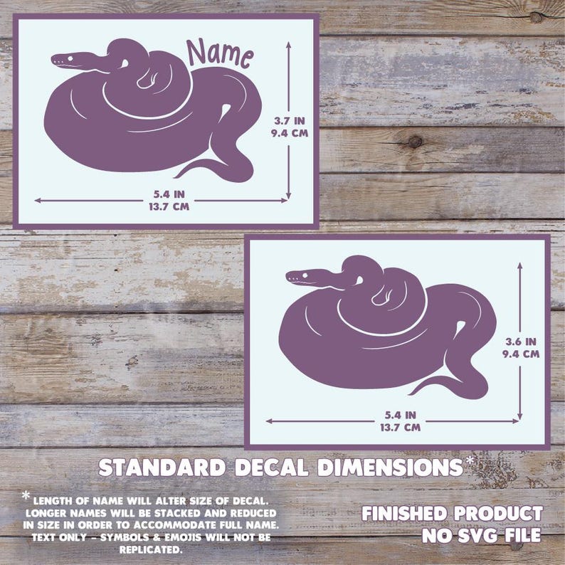 A product information graphic showing two Ball Python with no pattern decals with printed dimensions and text reading 'Standard Decal Dimensions' and 'Finished Product No SVG File,' set over a rustic wood plank background. The max size is 3.7 inches (h) x 5.4 inches (w).