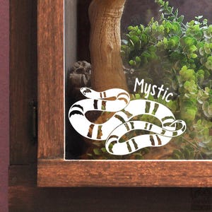 May include: A wooden terrarium featuring a white and black snake decal and the word "Mystic" in white script. The terrarium contains a piece of wood and green foliage.