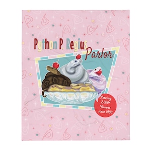 May include: A retro-style illustration of a pink and blue ice cream parlour called "Python P. Regius Parlour" serving over 2,000 flavours since 1900. The ice cream is made of three different types of snakes.