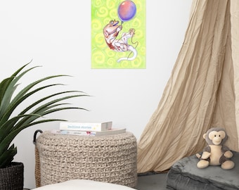 Crested Gecko & Balloon Wall Art, Silly Gecko Poster, Cute Reptile Lizard Gift