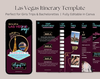 Las Vegas Itinerary Template – Editable Vegas Girls Trip Planner, Bachelorette Weekend Travel Itinerary, 5 Day Canva Digital Download