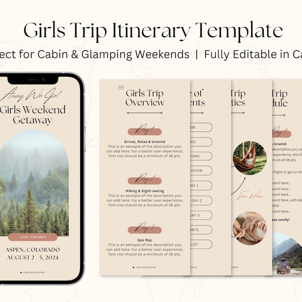 Girls Trip Itinerary Template – Cabin Weekend Planner, Editable Glamping Travel Itinerary, 5 Day Canva Digital Download