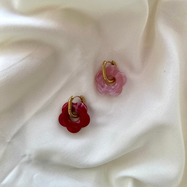 Flower Resin Charm Earrings / Golden Hoops Earrings / Flower Charm Jewelry / Flower Power Earrings