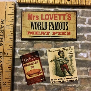 Best Seller - Wood Mrs Lovett’s World Famous Pie Meat Treats Sign & 2 Paper Sale Flyers - this is not life size.