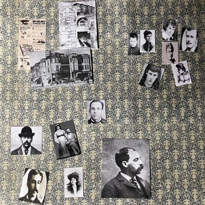 16 pc HH Holmes Ephemera - photos of hotel, victims, partner in crime, 2 of 3 wives, photos of Holmes - this is not life size.