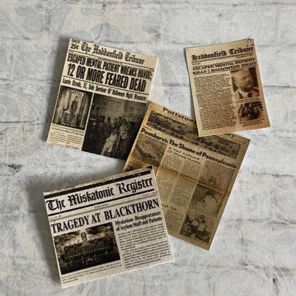 4 pc Asylum Newspaper Clippings - This item is not life size.