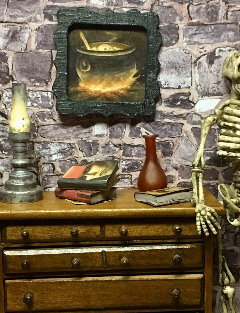 Aged Wood Framed Witch\u2019s Cauldron Approx 1 34\u201d x 1 34\u201d