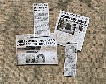 May include: Four vintage newspaper clippings on a burlap background. The headlines read "All leads fail in slaying of teenager", "Hollywood Murders Charged to Houseboy", "Crystal Lake Daily Summer Camp Murder", and "A Soldier Murder Suspect is in Jail".