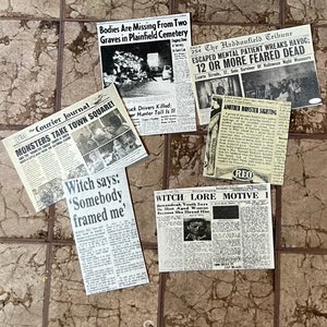 May include: A collection of vintage newspaper clippings with headlines about missing bodies, escaped mental patients, and monster sightings. The clippings are on a tiled floor.
