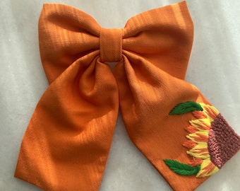 Bestickte Haarspange genäht Stickmotiv Sonnenblume Blume orange