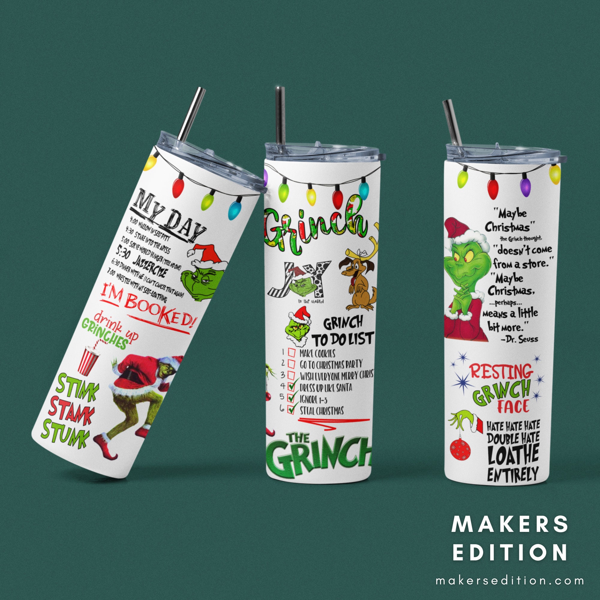 The Grinch, Tumbler, Christmas Cups, Christmas Gift, Holiday Tumbler, 20oz Metal Cup With Straw, Grinch Cups