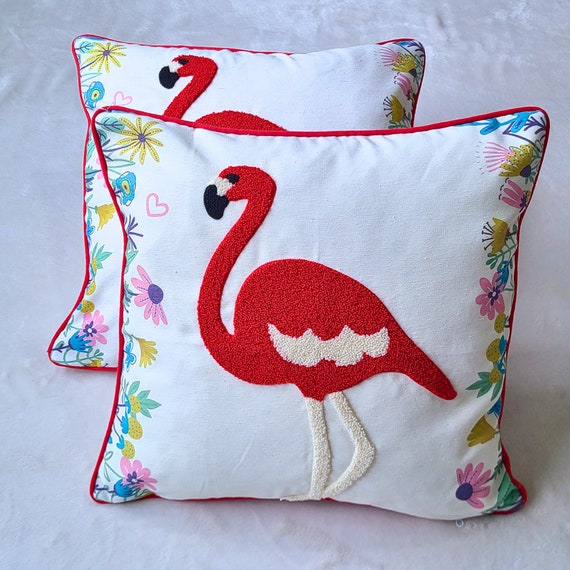 Set of 2 Flamingo Pillow Case Embroidered Punch Needle Bird Design Embroidered Turkish Punch Pillow Cover Decorative Throw Pillow Cover Etsy