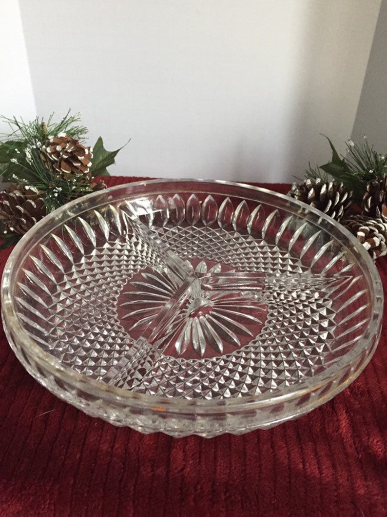 Vintage 9 inch round cut glass relish plate