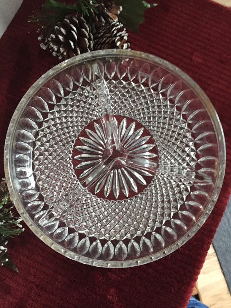 Vintage 9 inch round cut glass relish plate