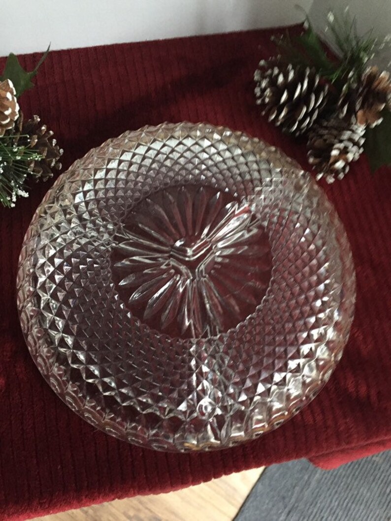Vintage 9 inch round cut glass relish plate