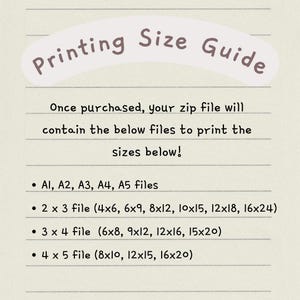 May include: A printable guide for printing sizes. The guide lists different file sizes for printing, including A1, A2, A3, A4, and A5 files, as well as 2x3, 3x4, and 4x5 files with various dimensions in inches.