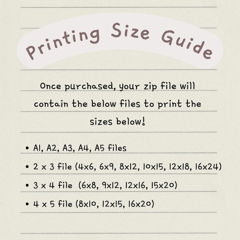 May include: A printable guide for printing sizes. The guide lists different file sizes for printing, including A1, A2, A3, A4, and A5 files, as well as 2x3, 3x4, and 4x5 files with various dimensions in inches.