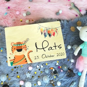 Baby memory box, memory box, toy box, game box, wooden box with name, personalizable, christening gift boho style rainbow