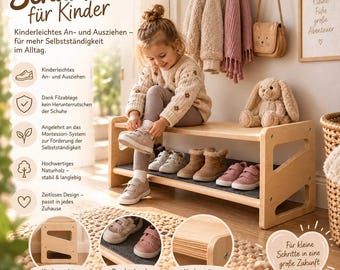 Könnte beinhalten: Eine Schuhbank aus hellem Holz für Kinder mit zwei horizontalen Ablagen, die mit einem dunkelgrauen Filzbelag versehen sind. Die Bank hat einen stabilen Rahmen mit abgerundeten Kanten. Der Text auf dem Bild umfasst "Schuhbank für Kinder" und "Für kleine Schritte in eine große Zukunft."