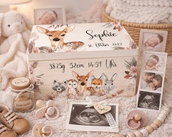 Erinnerungskiste Baby persönliches Geschenk zur Geburt, Erinnerungsbox als Geburtsgeschenk, Spielzeugkiste, Holzkiste mit Namen Pampas