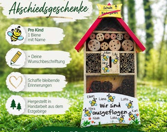 May include: A wooden insect hotel with a red roof and multiple compartments. The hotel has a sign that says "We have flown away" with names and bee illustrations. Text on the image includes "Farewell gifts" and "School Kindergarten."