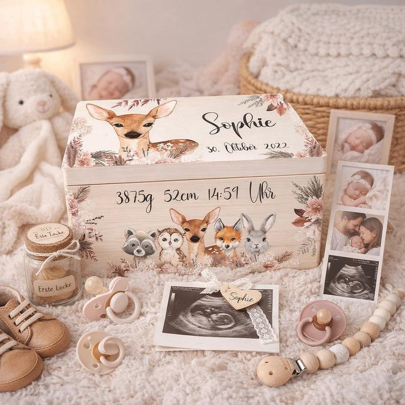 Erinnerungskiste Baby persönliches Geschenk zur Geburt, Erinnerungsbox als Geburtsgeschenk, Spielzeugkiste, Holzkiste mit Namen PAMPAS 100 Bild 2