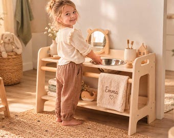 Montessori-inspired children's washbasin | Wash station with stainless steel bowl | Wooden children's washbasin | Montessori bathroom