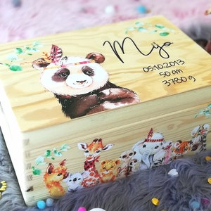 Baby memory box, memory box, toy box, game box, wooden box with name, personalizable, christening gift boho style rainbow