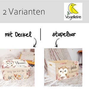 K&ouml;nnte beinhalten: Zwei Holzkisten mit Deckel, eine mit dem Namen "Hanna" und die andere mit dem Namen "Adele". Beide Kisten haben ein Waldkauz-Design mit floralen Akzenten. Die Kisten sind mit oder ohne Deckel erh&auml;ltlich.
