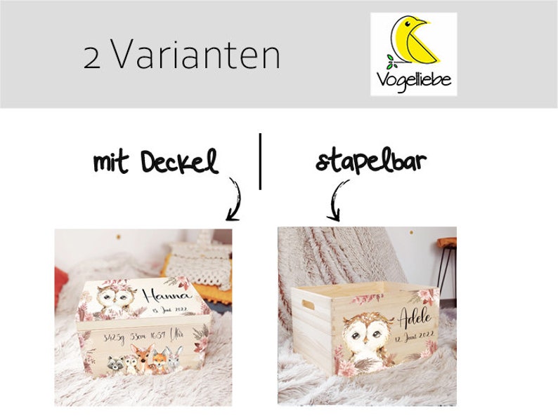 K&ouml;nnte beinhalten: Zwei Holzkisten mit Deckel, eine mit dem Namen "Hanna" und die andere mit dem Namen "Adele". Beide Kisten haben ein Waldkauz-Design mit floralen Akzenten. Die Kisten sind mit oder ohne Deckel erh&auml;ltlich.