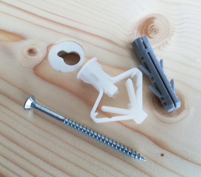 May include: A close-up of a white plastic drywall anchor, a silver screw, and a gray plastic wall anchor. The anchors are designed to be used with screws to secure objects to drywall.