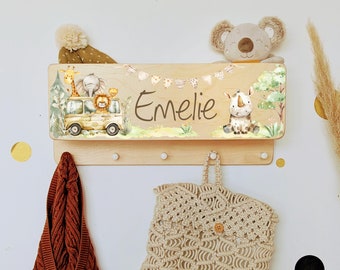 Garderobe Kindergarderobe mit Ablage Kind Kinderzimmer mit Name personalisiert individuell Kleiderhaken Safari