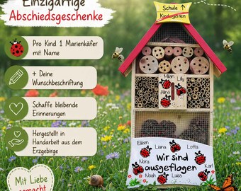 May include: A wooden ladybug house with a red roof and multiple compartments. The house has the text "Unique Farewell Gifts" and "School Kindergarten" on it. The house has the names of children on it, and the text "We have flown away" is also visible.