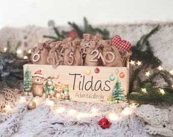 Calendario de Adviento personalizado "Animales del bosque de ciervos" Caja de Adviento para llenar Caja de madera de Adviento de acuarela Navidad personalizada con nombre