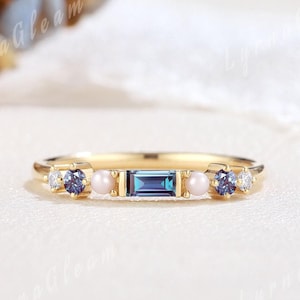 Unique Baguette Alexandrite Wedding Band Yellow Gold Moonlit Pearl Wedding Ring Alexandrite Jewelry Birthstone Ring Matching Rings for Women