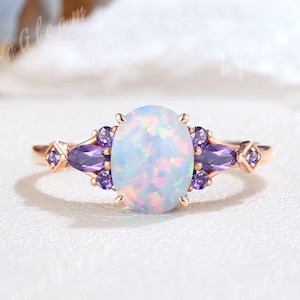Unique Oval Shape Opal Engagement Ring Sterling Silver Cluster Amethyst Ring Celestial Wedding Ring Promise Ring Personalized Gift for Her