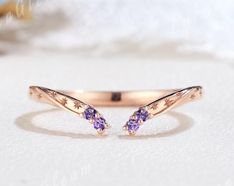 Minimalist Celestial Amethyst Wedding Band Sterling Silver Purple Birthstone Ring Starburst Engraved Ring Open Ring Matching Rings for Women