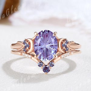 Oval Firework Cut Alexandrite Engagement Ring Set Rose Gold Celestial Moon Ring Set Moissanite Chevron Wedding Band Anniversary Gift for Her
