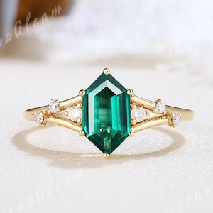 Unique Hexagon Cut Emerald Engagement Ring Sterling Silver Ring Cluster Moissanite Wedding Ring Birthday Gift Personalized Gift For Her