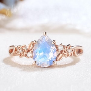 Unique Pear Shape Moonstone Engagement Ring Sterling Silver Nature Inspired Cresent Moon Ring Moissanite Moon Ring Anniversary Gift for Her
