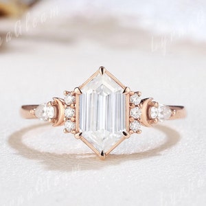 Unique Hexagon Cut Moissanite Moon Engagement Ring Rose Gold Sailor Moon Hexagon Ring Moon Cluster Moissanite Ring Personalized Gift for Her