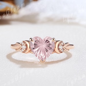 Unique Starburst Cut Pink Sapphire Moon Engagement Ring Rose Gold Twisted Sailor Moon Heart Ring Promise Ring Wedding Gift for Her