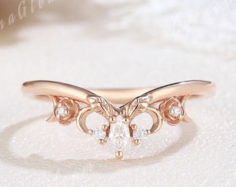 Nature Inspired Leaf Moissanite Wedding Ring Rose Gold Crescent Moon Ring Diamond Curved Wedding Band Chevron Ring Matching Rings for Women